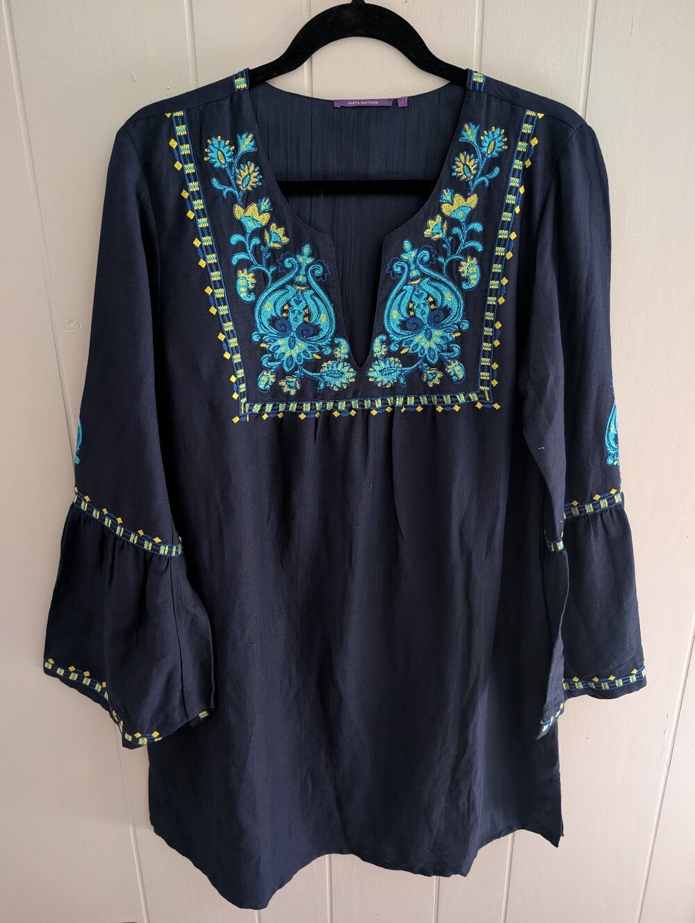 Amita Naithani Embroidered Navy Peasant Dress with Turquoise Accents
